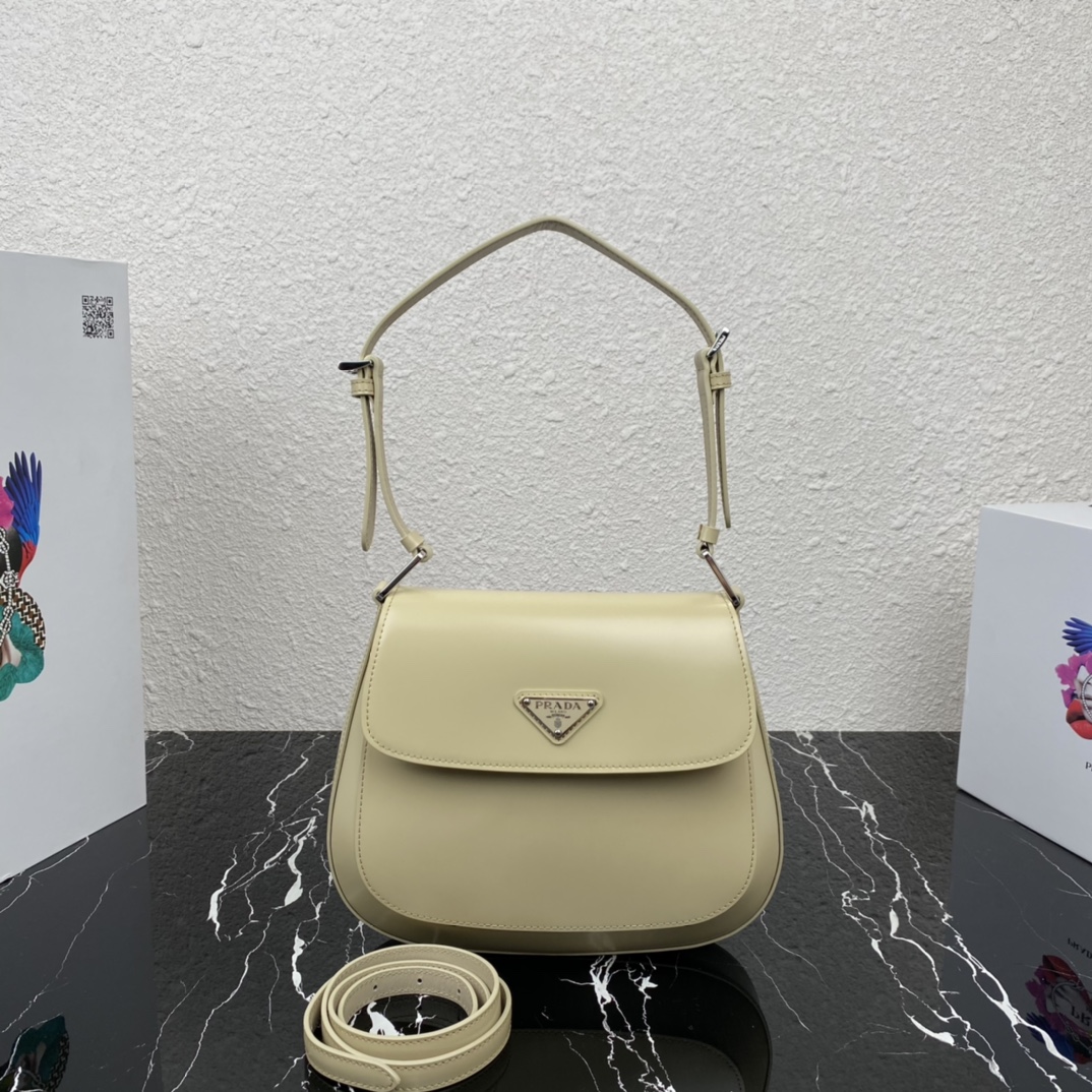 Prada Cleo Brushed Leather Shoulder Bag With Flap Vanilla 1BD303